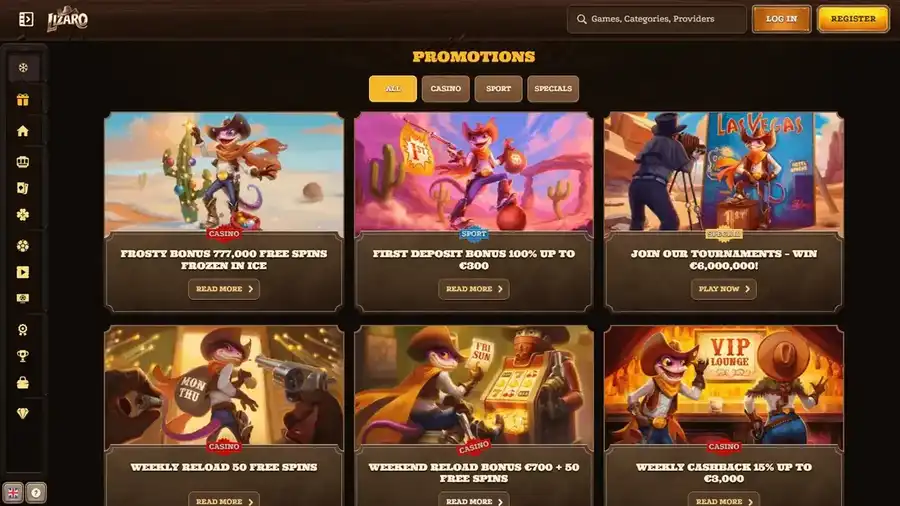 Page promotions Lizaro Casino - Frosty Bonus, premier d&eacute;p&ocirc;t et tournois